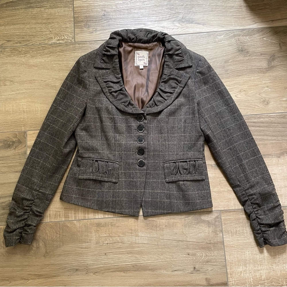Nanette Lepore Brown Plaid Ruffle Collar Blazer